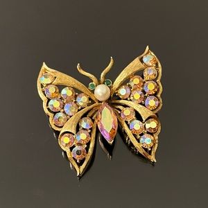 Vintage Coro Signed Butterfly Pink Aurora Rhinestone Brooch